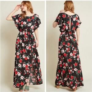 Modcloth Inspired Spirit Floral Maxi Dress Black & Red Cut Out Back Size L
